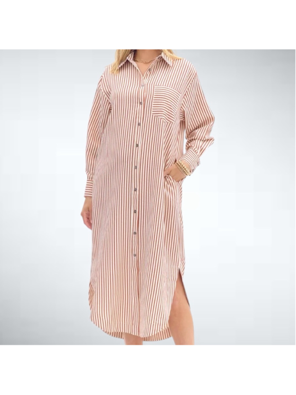 Entro Textured Stripe Button Down Shirt Dress in Rust Size S